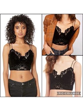 Free People black velvet lace bra cropped top whimsigoth grunge size medium